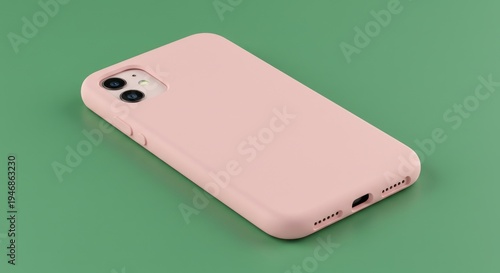 Pastel pink iphone 11 in a silicone case, lies on a green surface in a studio setting