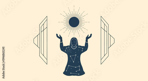 Cosmic Woman Praying to Sun - Celestial Harmony and Spirituality