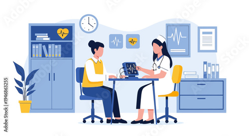 Doctor and patient in clinic, medical examination, healthcare concept, flat illustration