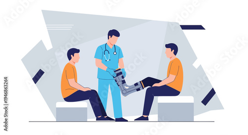 Doctor applying brace to injured leg of patient with assistant in clinic