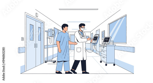 Doctor and Patient Walking in Hospital Corridor Discussing Medical Equipment