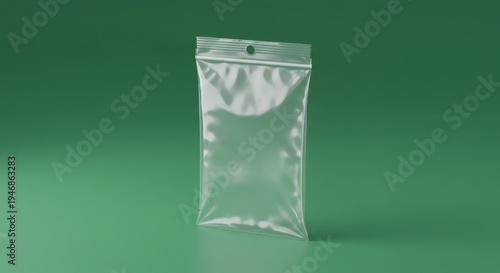 Transparent plastic pouch mock-up with hole against green background ideal for product display