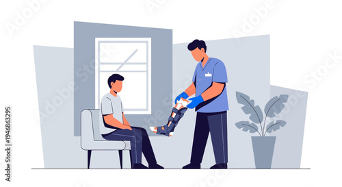 Doctor Applying Knee Brace to Patient in Rehabilitation Clinic