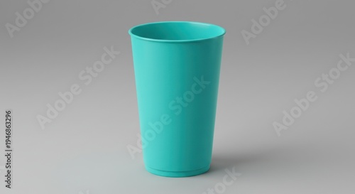 A single vibrant turquoise plastic cup stands against a neutral grey background showing simplicity