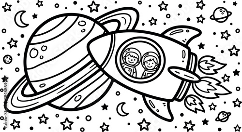 Black and white line art vector showing spaceship flying near ringed planet with two smiling astronauts inside window surrounded by stars and moons