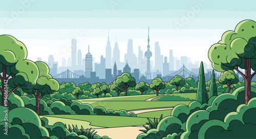 Pixel Art Cityscape with Lush Green Park and Golf Course