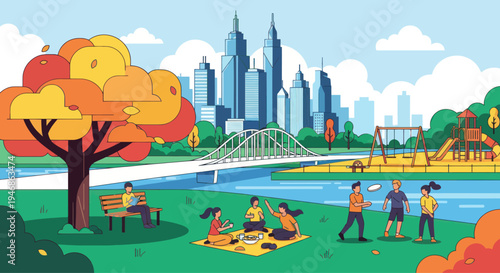 Autumn city park picnic with skyline and bridge, families enjoying outdoors