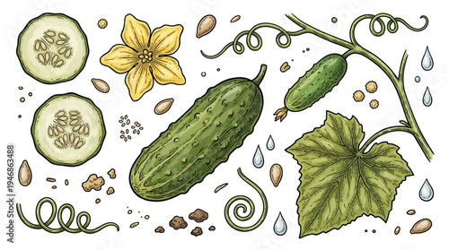 Playful arrangement of cucumber slice, whole cucumber, flower, leaf, and vine illustrated from a top-down view on a clean white backdrop