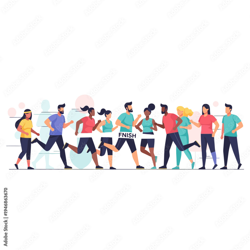 Obraz premium Vibrant illustration of diverse men and women runners competing in a spirited race or marathon, demonstrating an active lifestyle and collective effort to reach the finish line