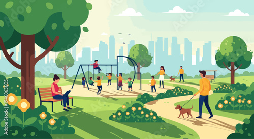 Vibrant City Park Scene with People Enjoying Activities and Green Spaces