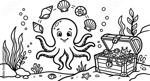 Cute smiling octopus floating underwater with seashells and treasure chest full of jewels pearls crown underwater plants and bubbles