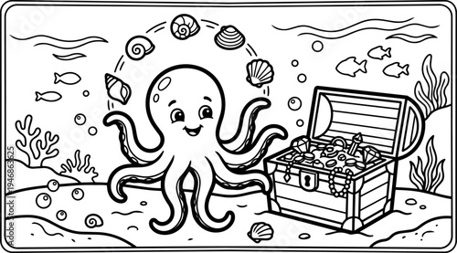 Black and white vector art of smiling octopus juggling seashells near open treasure chest underwater scene