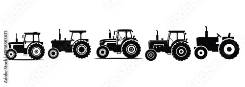 Abstract vector background with lines and circles featuring a red agricultural tractor and green farming machinery isolated on a field.