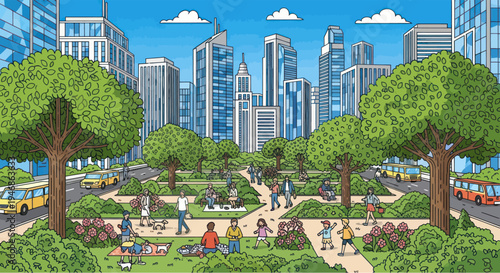Urban Park Oasis: People enjoying nature amidst a bustling city skyline with trees and flowers.