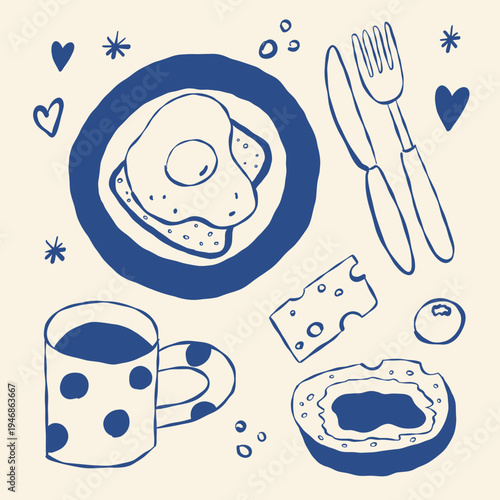 Handcrafted breakfast with whimsical details. Artistic depiction of morning meal and accessories