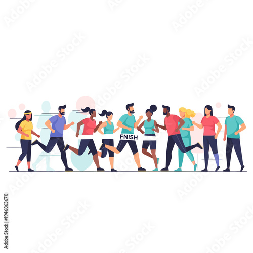 Vibrant illustration of diverse men and women runners competing in a spirited race or marathon, demonstrating an active lifestyle and collective effort to reach the finish line