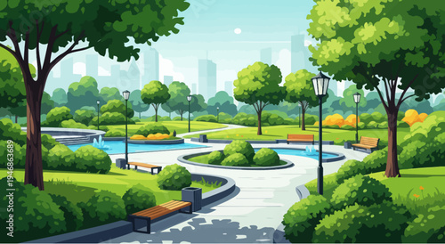 Vibrant City Park Landscape with Fountains, Benches, and Lush Greenery