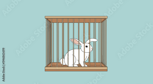 White rabbit sitting in cage indoors.