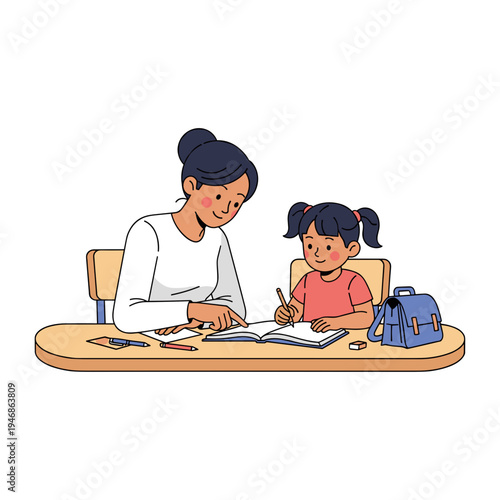 Woman helping a little girl.