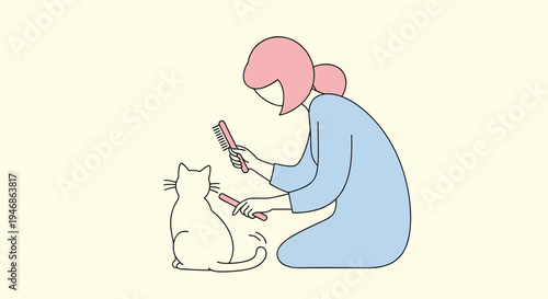 Woman grooming a white cat.