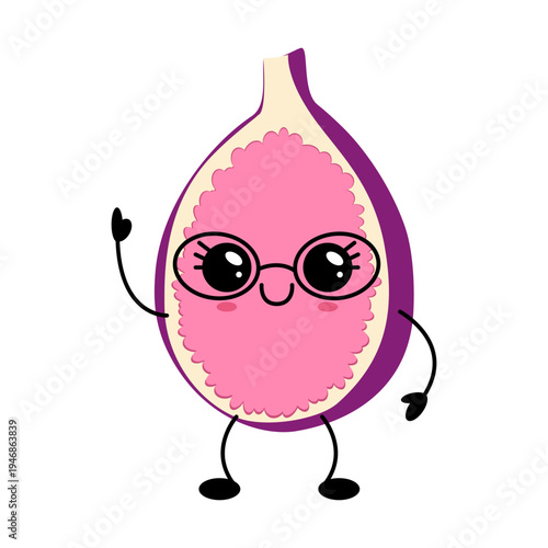 Cute pink figure. Kawaii character. Smiling pink fig with glasses and tiny limbs