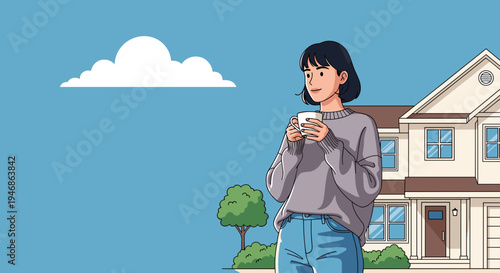 Woman holding a cup outside house.