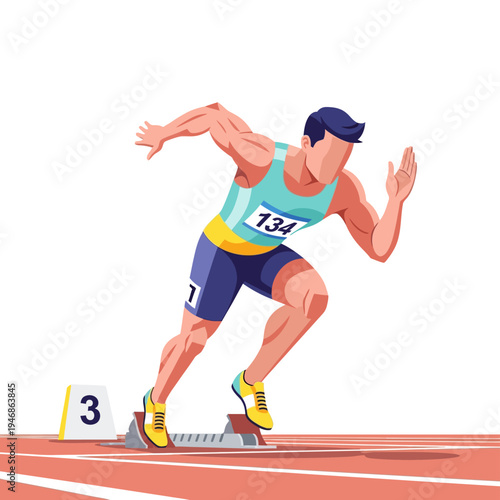 Dynamic illustration of an athlete at the starting blocks, poised for an explosive sprint on the running track, symbolizing speed, competition, and determination