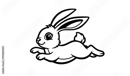 Playful jumping bunny rabbit black and white cartoon vector animal illustration