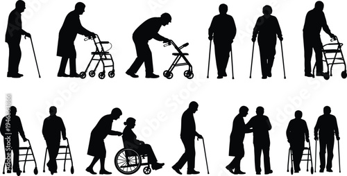 Elderly people walking silhouette collection, seniors using cane walker and wheelchair, aging healthcare support disability assistance concept