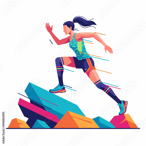 Energetic woman in athletic wear running uphill over colorful rocks, showcasing fitness and determination