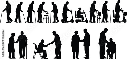 Elderly people mobility silhouette set, seniors with cane walker scooter assistance, aging healthcare support independence retirement lifestyle concept