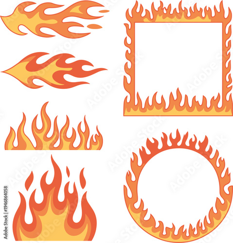 Set of fire flame silhouettes including square and circular frames, vibrant orange burning vector