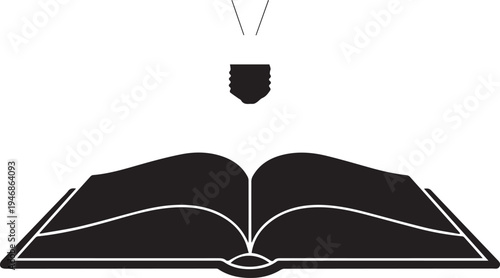 Open book with lightbulb representing new ideas knowledge and learning vector silhouette illustration