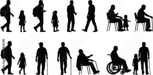 Family generation silhouettes set, people walking standing elderly with cane wheelchair child and adult figures, human lifestyle vector collection