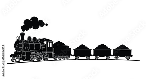 Vintage steam train with coal cars depicted in a stark silhouette
