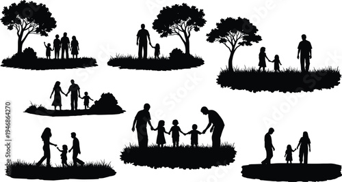 Family silhouette collection under trees, parents children holding hands, outdoor nature scenes, black human figures illustration isolated white