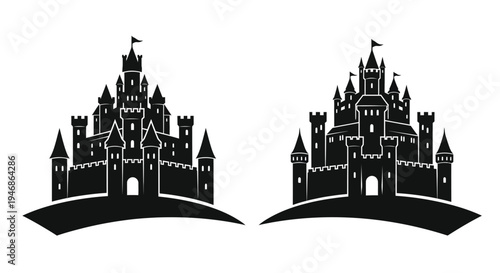 Two detailed castle illustrations presented as a striking black silhouette