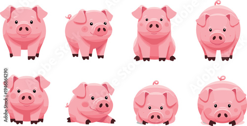 Cute cartoon pig characters vector set with different poses farm animal illustration collection adorable pink piglets mascot design