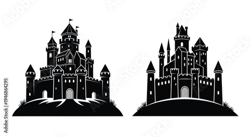 Two detailed castle illustrations presented as a striking black silhouette