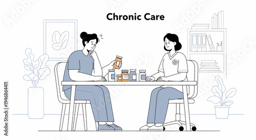 Doctor consulting patient about chronic care and medication, illustration