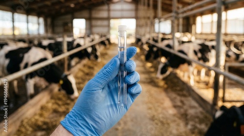 Scientific Examination in the Barn: A gloved hand delicately holds a test tube in a barn setting, suggesting a focus on science and research within the agricultural environment.