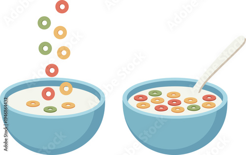 Colorful breakfast cereal loops falling into milk bowl vector, healthy morning meal illustration