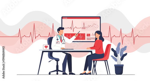 Doctor consulting patient about heart health on ECG monitor screen