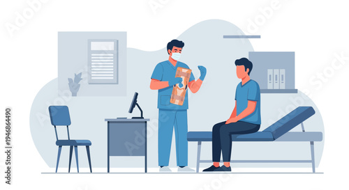 Doctor consulting patient in clinic examination room, medical checkup, healthcare concept