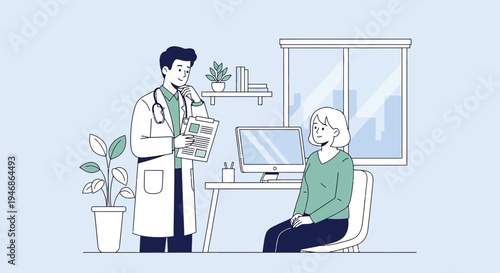 Doctor consulting patient in clinic office, medical checkup, healthcare concept