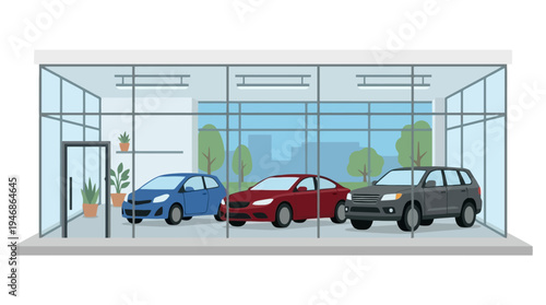 Modern Car Dealership Building with Three Vehicles on Display