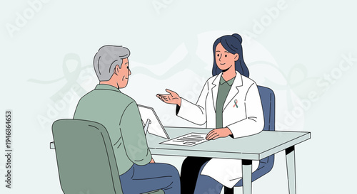 Doctor consulting elderly patient about medical results on laptop in clinic