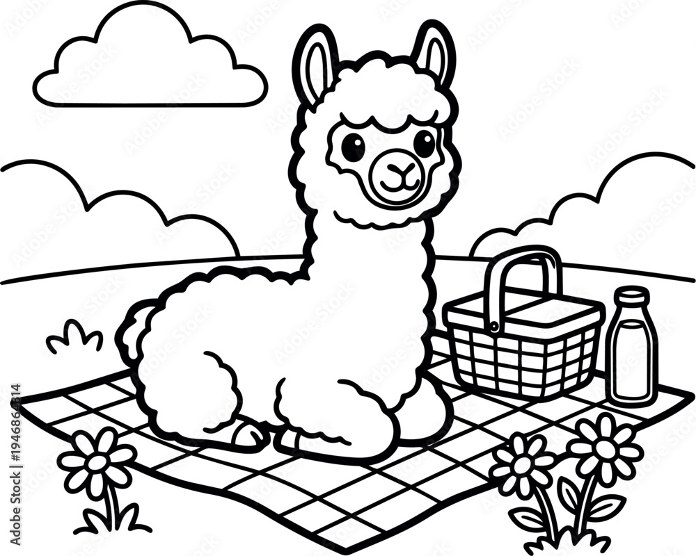 Fototapeta premium Cute cartoon alpaca lying on picnic blanket with basket and bottle in outdoor field setting vector art drawing