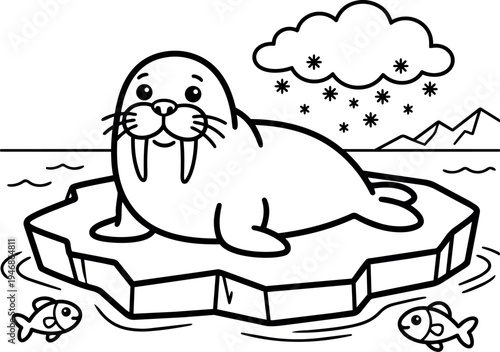 Cute walrus lying on floating ice with fish swimming and snow falling from cloud above arctic scene