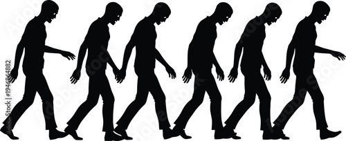 Black and white silhouettes of spooky zombies walking in a row for Halloween horror designs creepy undead monsters for apocalyptic scary themes.